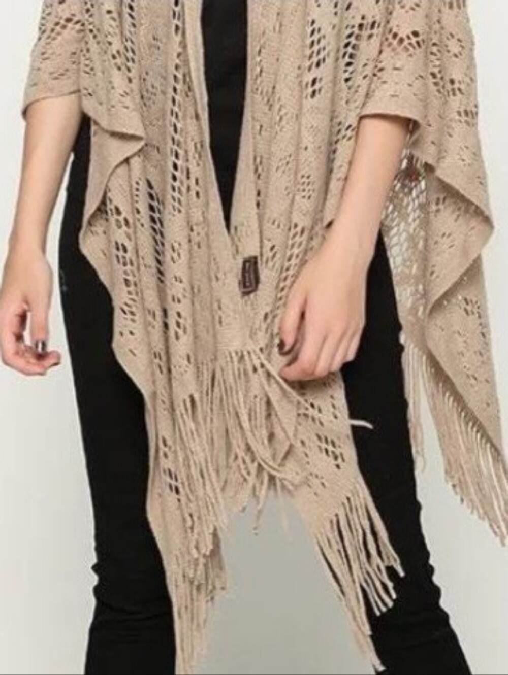 Beige Crochet Butterfly Pattern Tassel Poncho Boho Shawl One Size Fits All!
